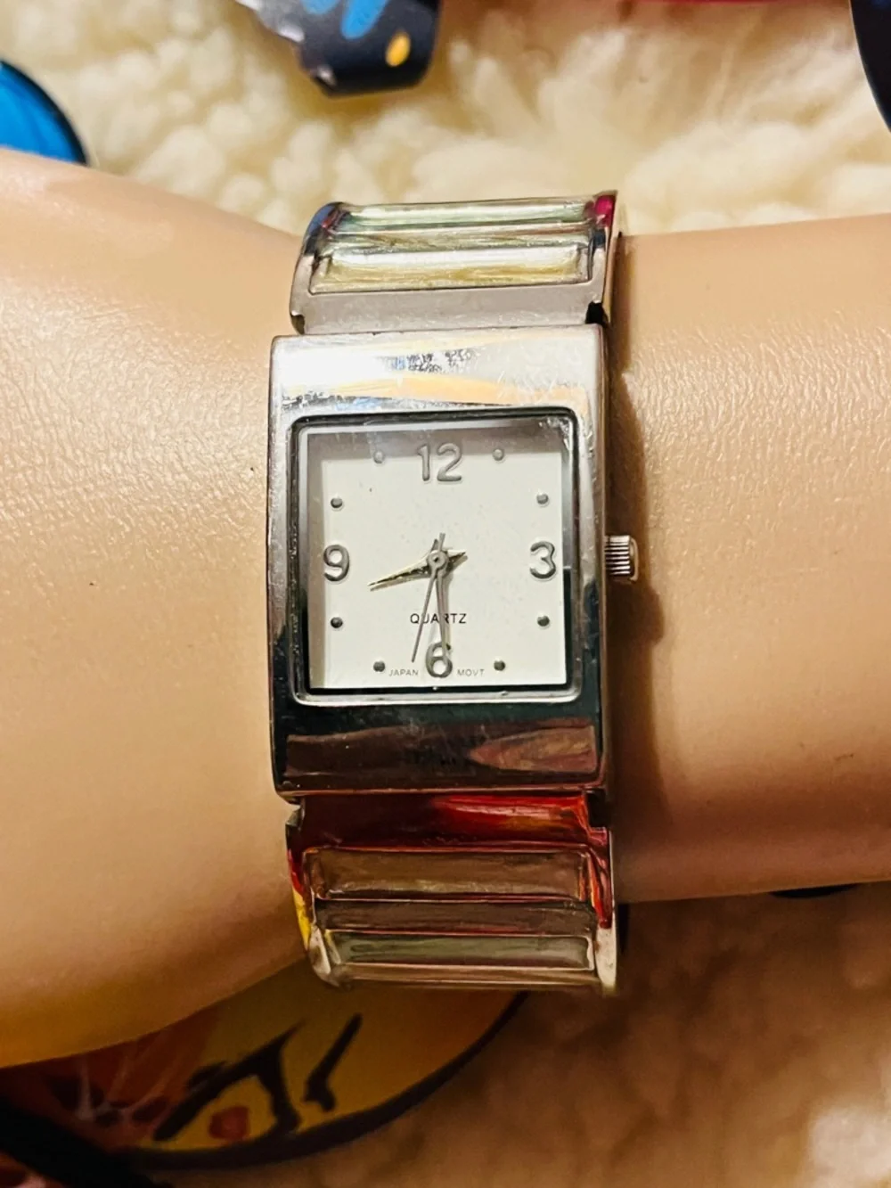 Silver Tone Women's Square Dial Watch with Blue Butterfly Accent